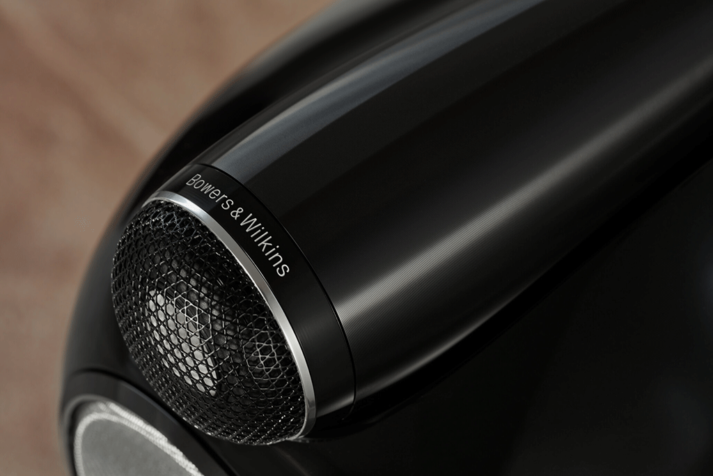 A close-up on the tweeter of a Bowers & Wilkins 803D4 speaker