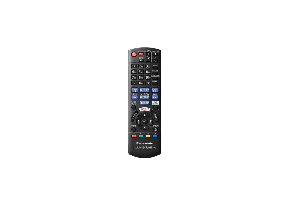 The remote for a Panasonic DPUR820 UHD UHD Blu-ray Player