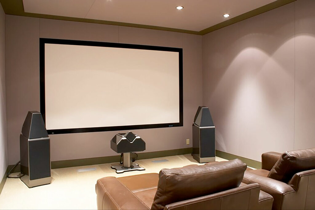 Wilson Audio WATT PUPPY speakers installed in Jerry Del Colliano's Brentwood, California screening room complete with RPG acoustical treatments and a neatly installed fabric wall