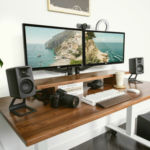 Kanto ORA powered speakers in an audiophile desktop setup