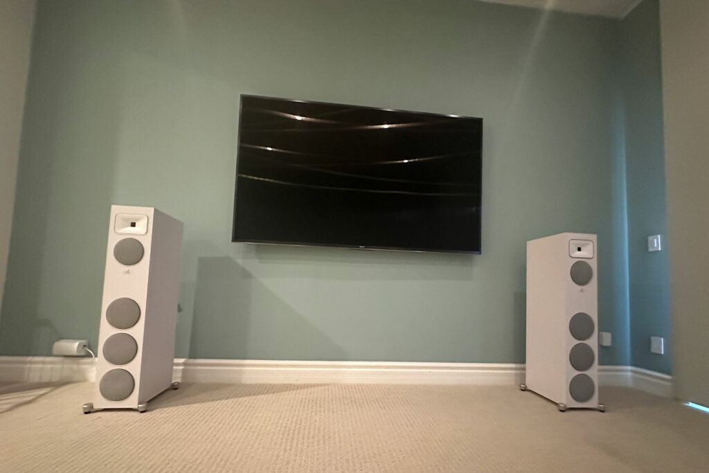 MartinLogan Motion Foundation F2 speakers installed in Jerry Del Colliano's media room between an 85 inch 4K Sony set and powered with Marantz and Halcro electronics. 