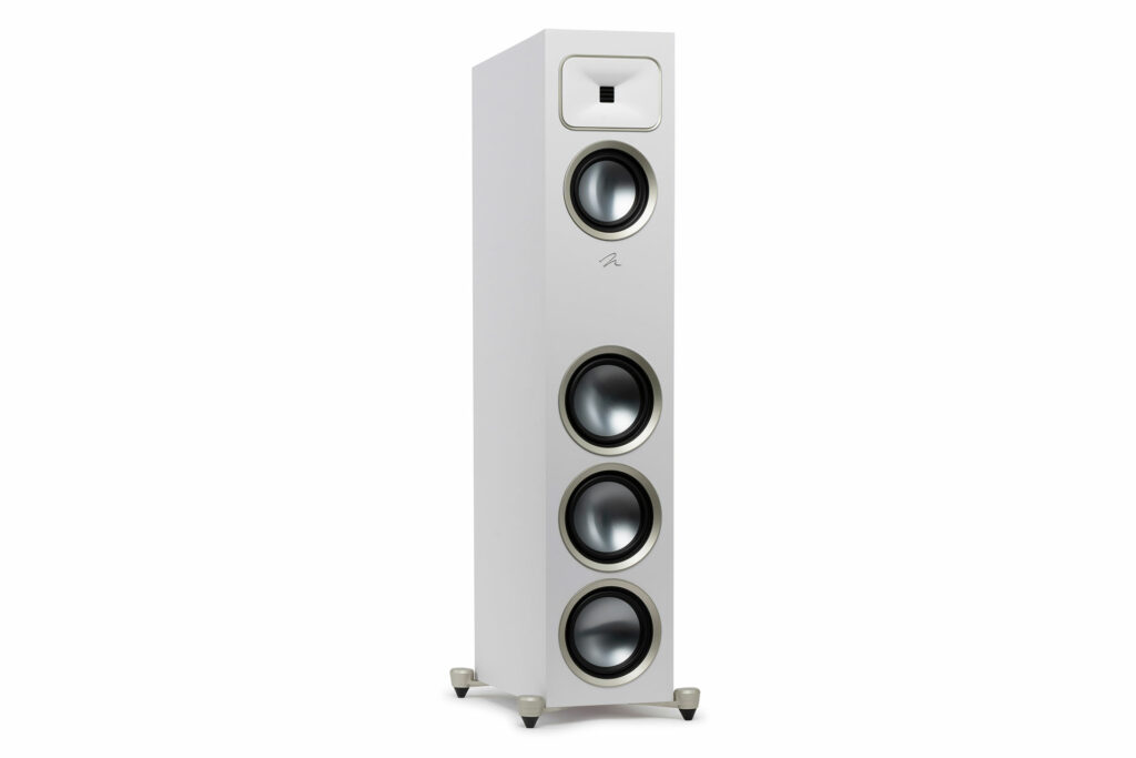 A single MartinLogan Motion Foundation F2 in white with its three bass drivers.