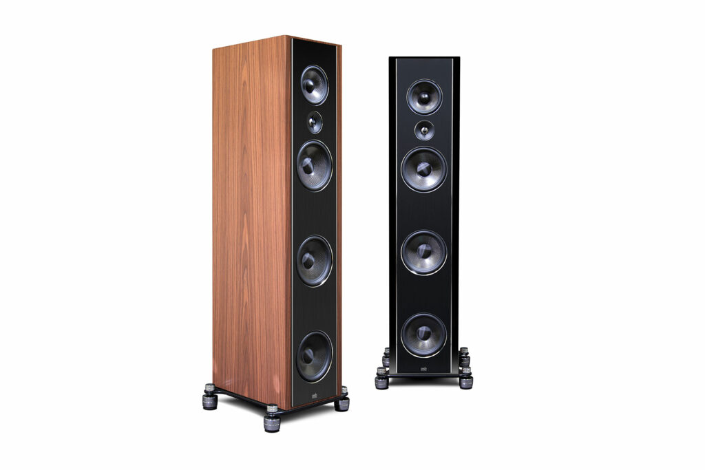 PSB Synchrony T800 speakers in a warm wood finish