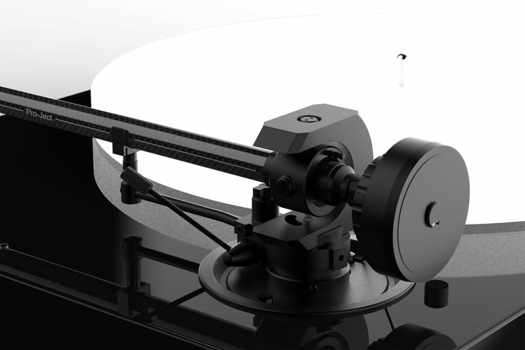 A close-up of the Pro-Ject X1 B turntable's carbon fiber tonearm