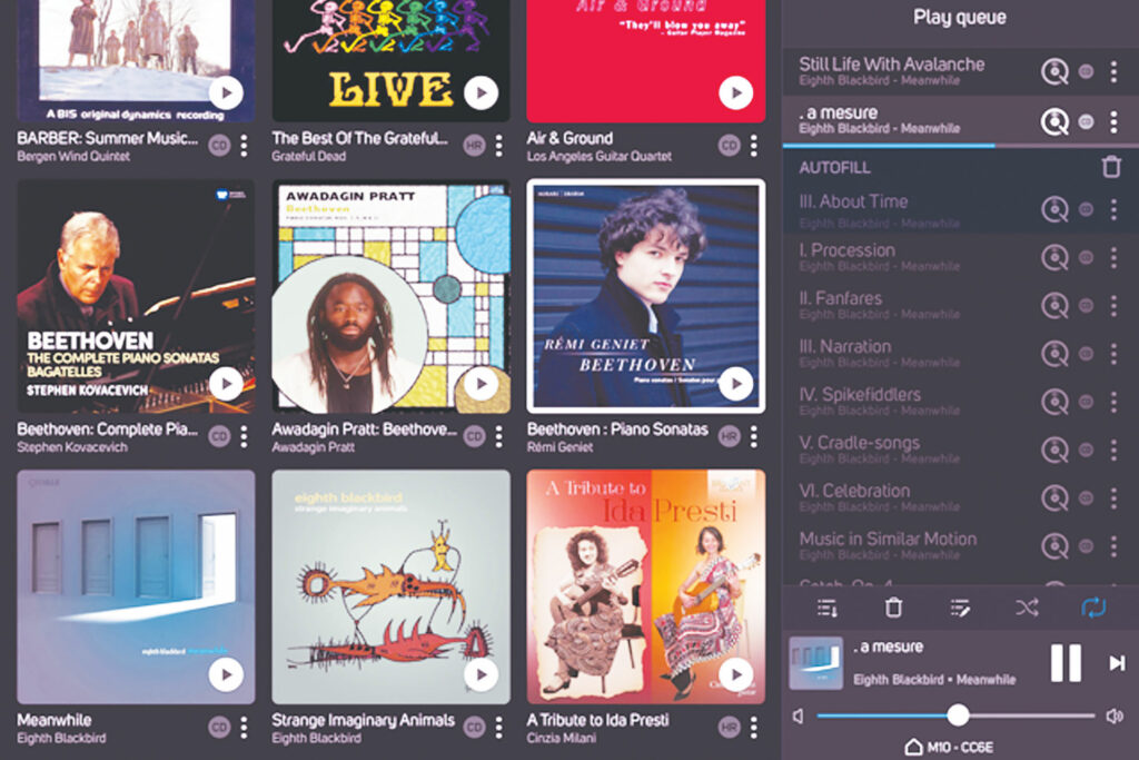 Cover flow art looks gorgeous through the BluOS operating system for music streaming.