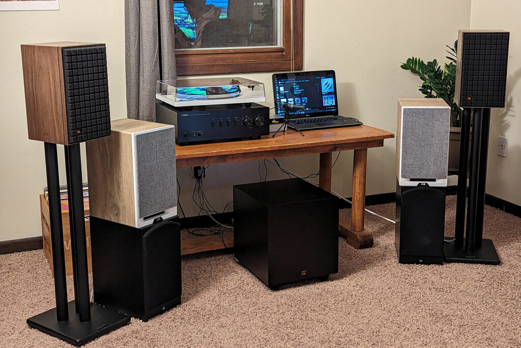 Nasim's reference ELAC (in name and action) are off to the side as the JBL L52s get all of the listening attention