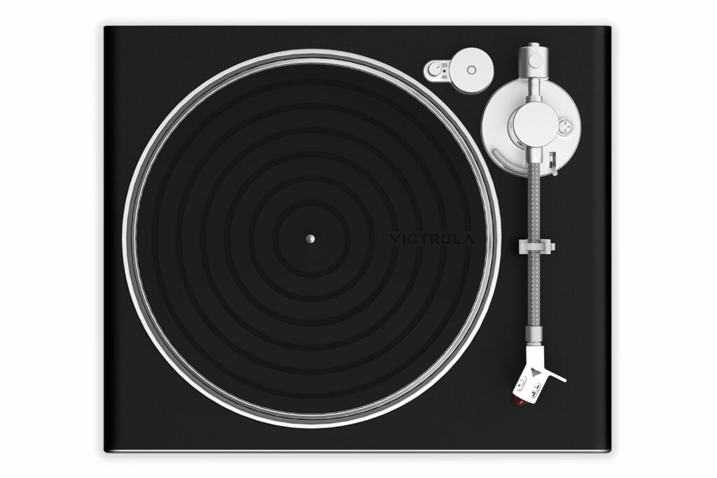 A top view of the Victrola Hi-Res Carbon turntable