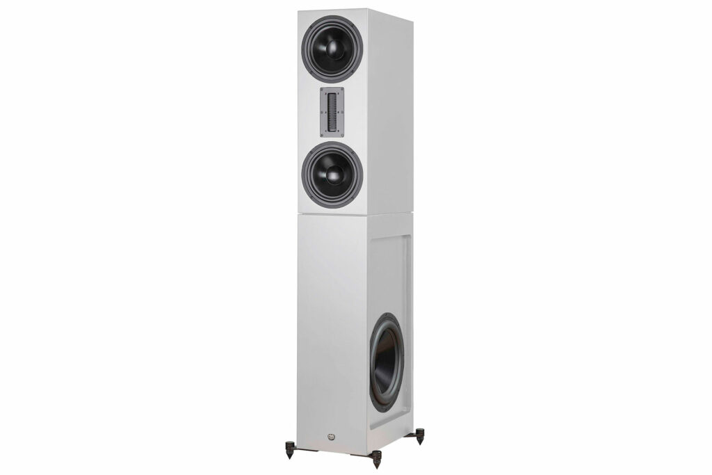 A solo RBH SFTR speaker in white without its grills.