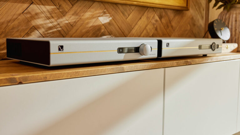 PS Audio's Stellar Gold DAC with its matching stereo preamp nicely installed