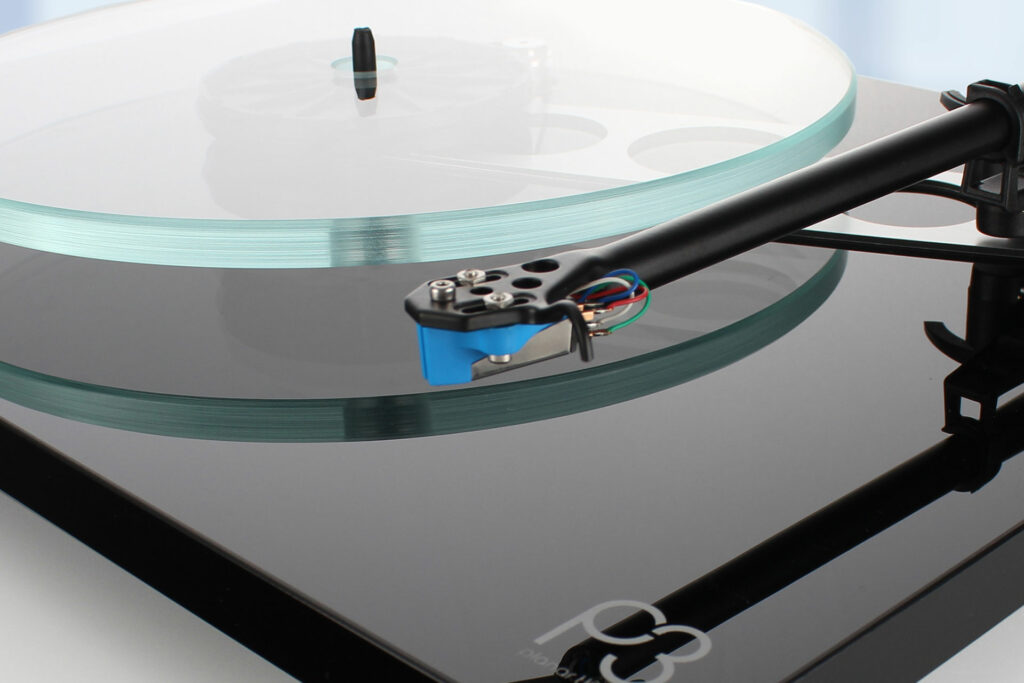 A close up of the Rega P3 audiophile turntable