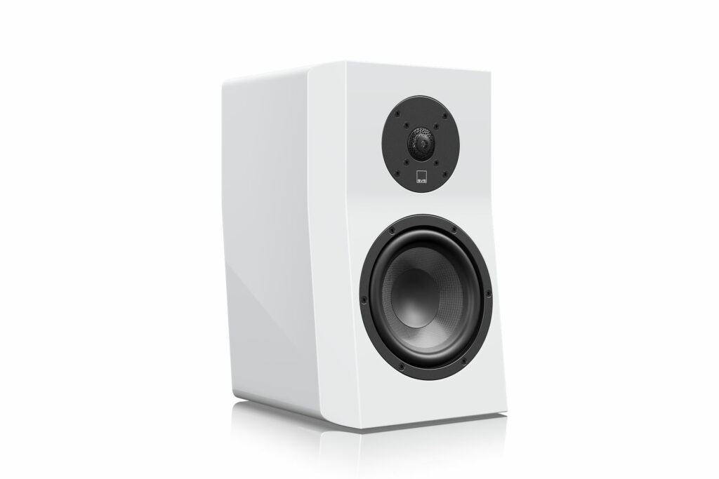 The SVS Ultra Evolution Bookshelf speakers in white with the grill off.