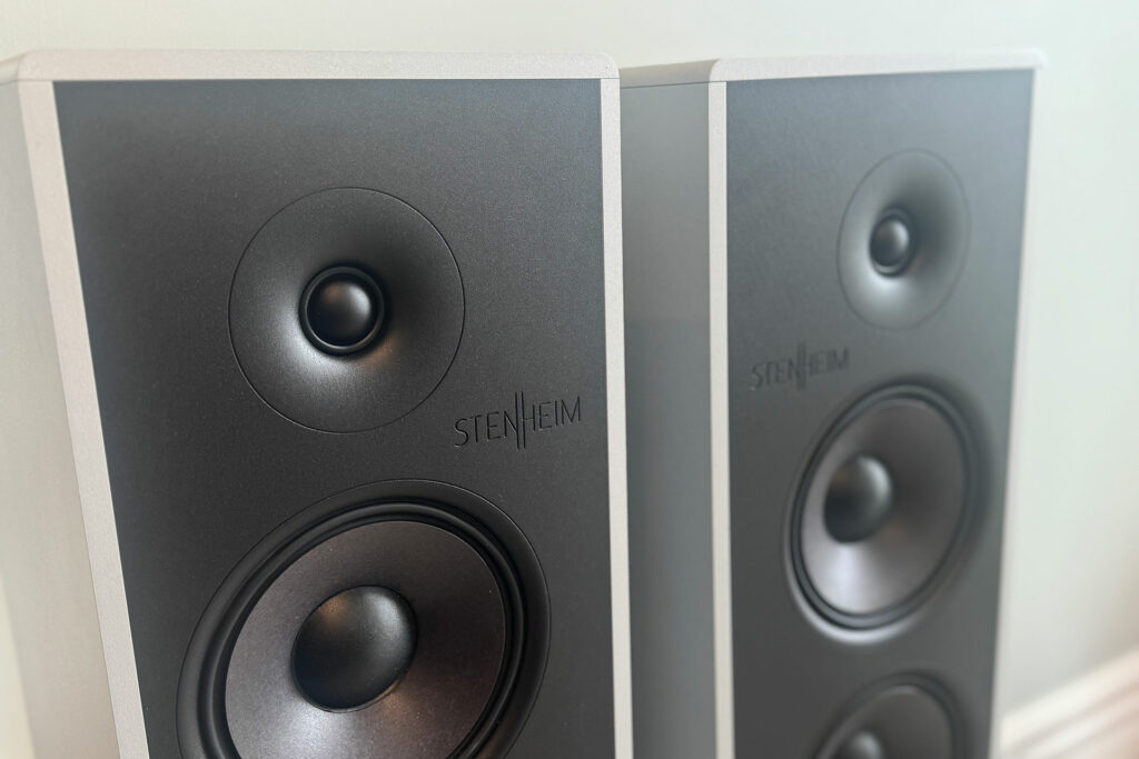 A close up of the Stenheim Alumine Two.Five speakers at Jerry Del Colliano's house before they go back into the road cases.