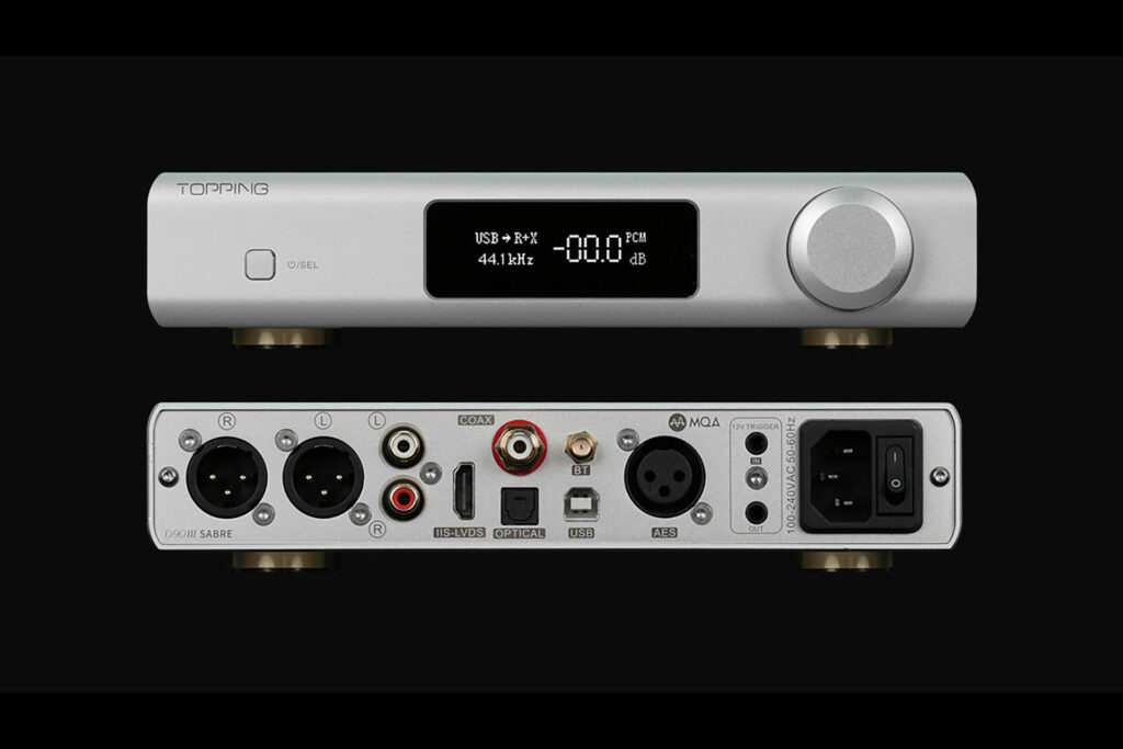 A front and rear look at the Topping D90 III Sabre DAC.