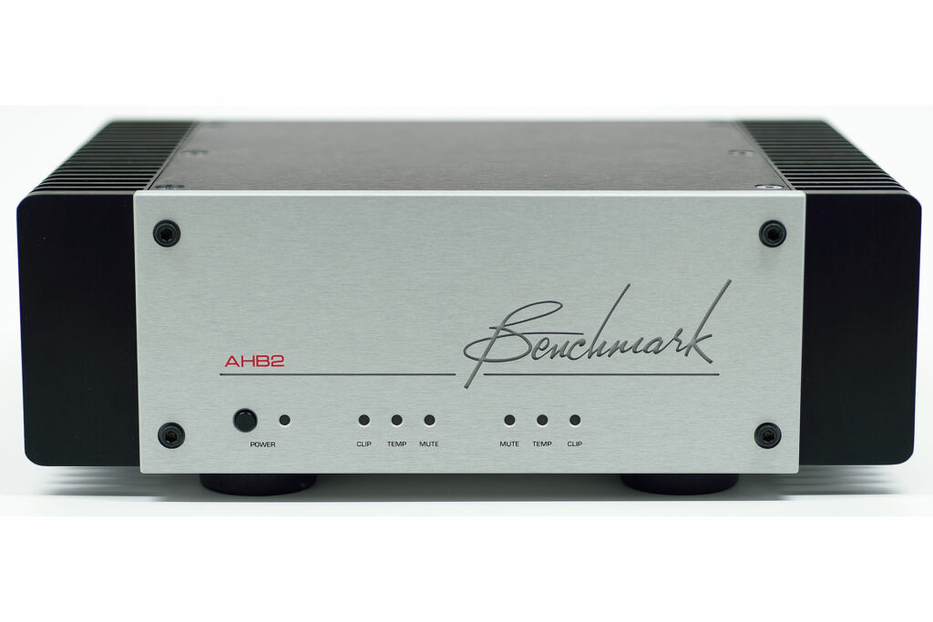 The Benchmark AHB2 stereo amp in silver has both pro audio as well as audiophile consumer appeal.