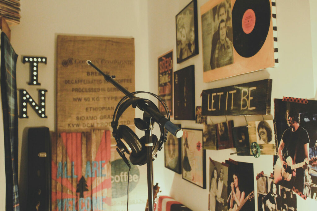 A younger audiophile's listening room complete with headphones