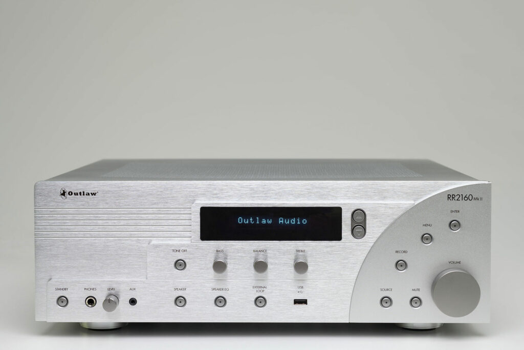 A front view of the Outlaw Audio RR2166 audiophile integrated amp.