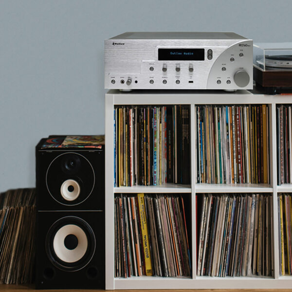 The retro-looking yet affordable Outlaw Audio RR2166 integrated amp installed.