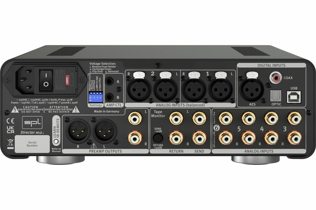 Here's a look at the many input and output options logically laid out on the SPL Director MK2 stereo preamp/DAC