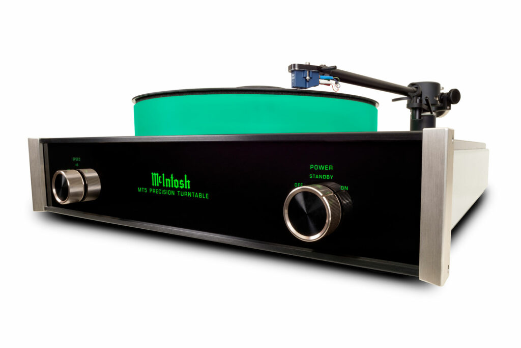 The legendary blue-ish green light is on display in a unique way on the McIntosh MT5 turntable.