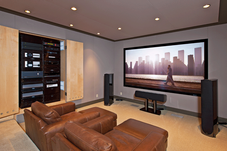 A home theater packing serious audiophile equipment as well as RPG room treatments behind the fabric wall.