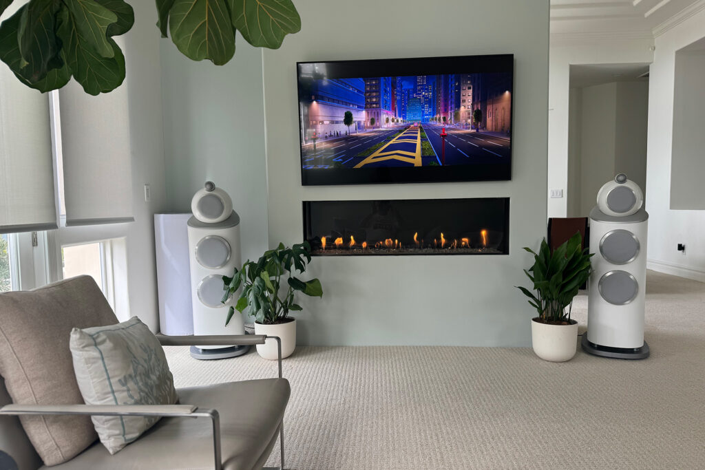 Jerry Del Colliano hides his GIK Turbo Trap Pro treatments with plants as well as the Bowers & Wilkins speakers that they are there to benefit.