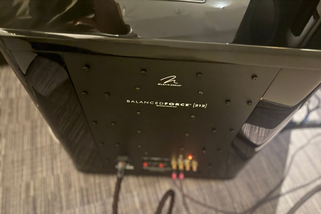 A look at the rear panel of the MartinLogan BalancedForce 212 subwoofer which amazingly has XLR (balanced) inputs - a rarity. 