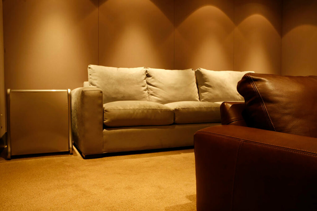 A massive Revel Sub 30 installed next to a Room and Board Metro sofa mixes the best of audio and design.