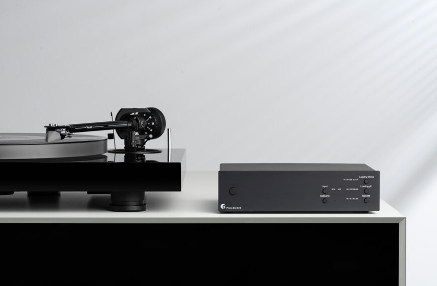 Pro-Ject Phono Box 3 phonostage with a matching Pro-Ject turntable installed nearby