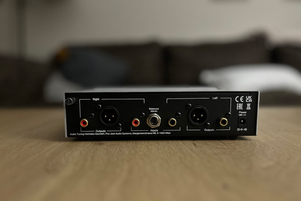 A look at the rear of the Pro-Ject Phono Box 3 while it was being reviewed.