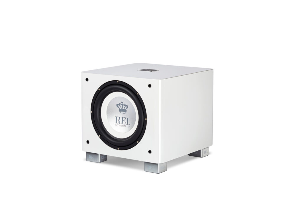 The REL T/x9 in white with the grill off.