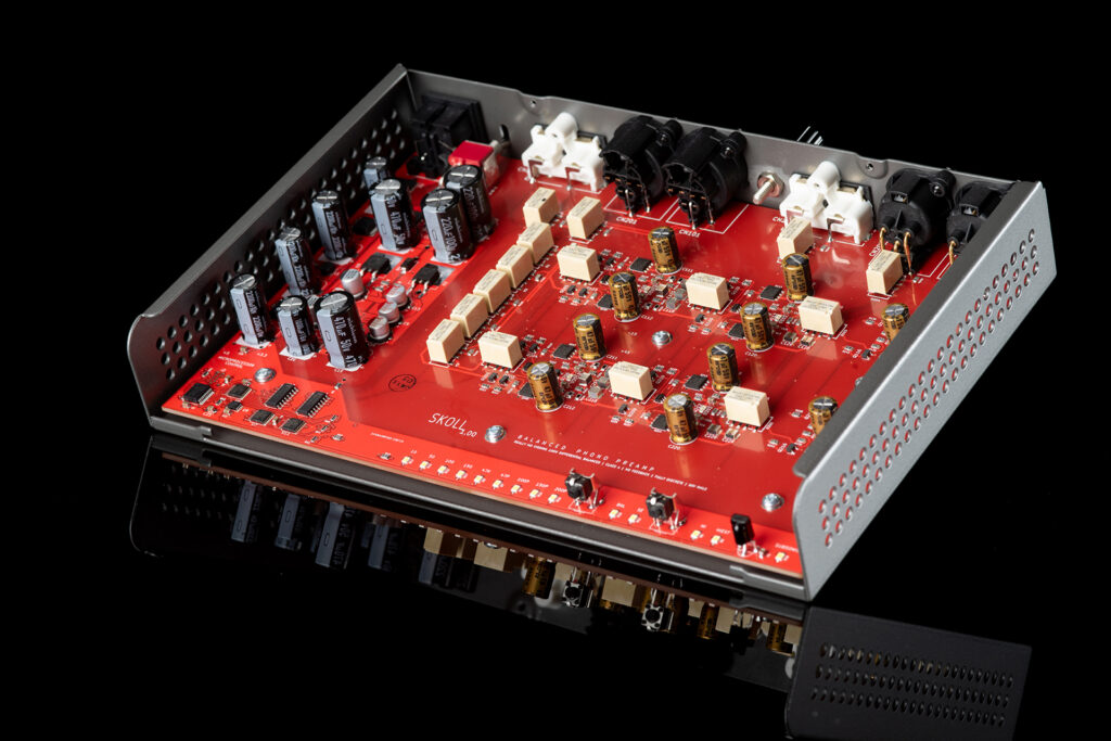 A top view (cover off) view of the Schiit Skoll F phono preamp.