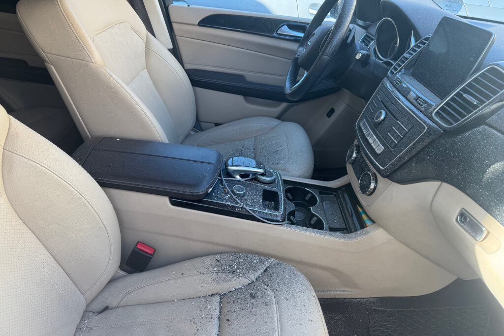 The interior of a dead Mercedes SUV
