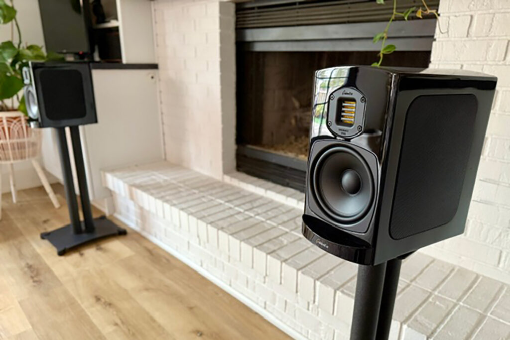 The GoldenEar BRX speakers, stand-mounted in Eric Forst's living room.