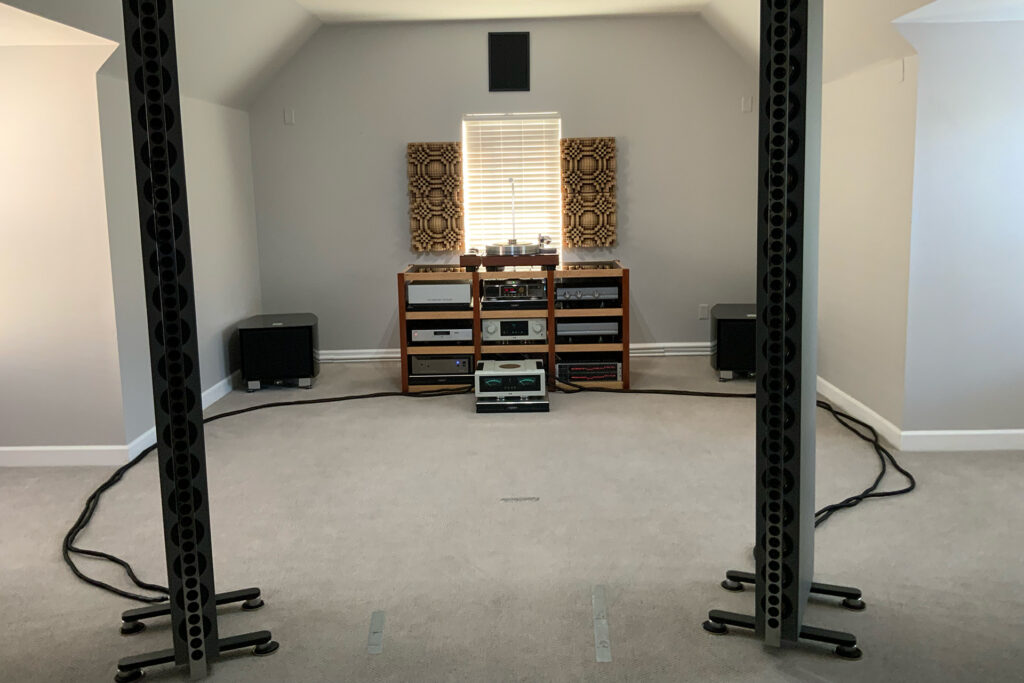 Paul Wilson's full system with the tall but thin Grand Notes positioned well in front of the electronics.