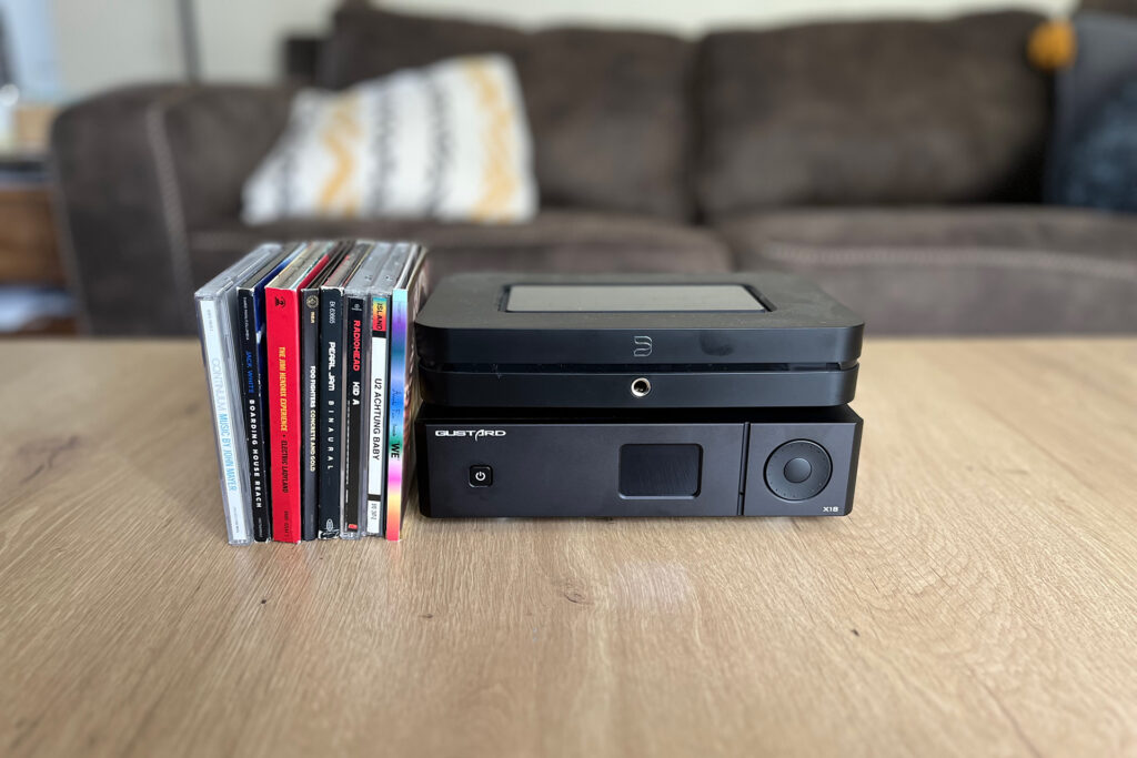 The Gustard DAC-18X paired with a modern Bluesound Node 2024 music streamer.