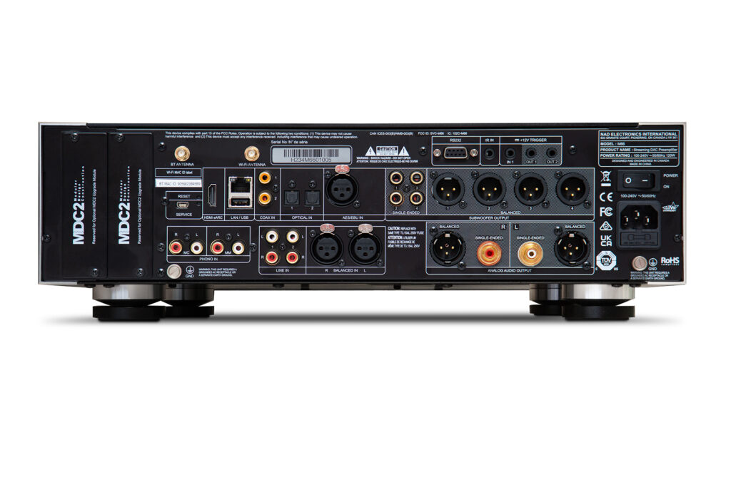 The many input and output options of the NAD M66 stereo preamp