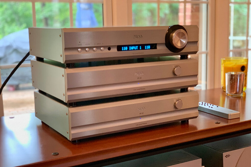 The Pass Labs XP-32 stacked and installed above Jim's CH Precision preamp.
