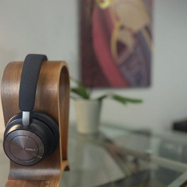 Dali IO-8 Headphones on a stand in our publisher's temporary office.