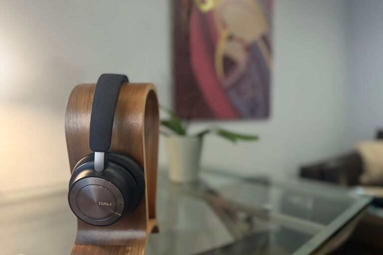 Dali IO-8 Headphones on a stand in our publisher's temporary office.