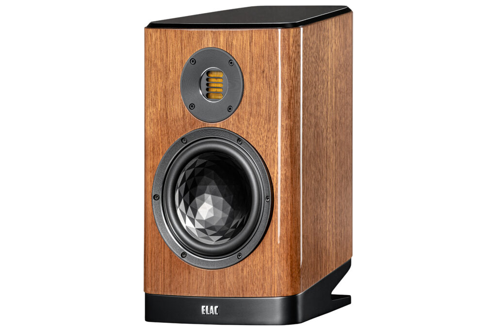 The ELAC Vela 2.0 VBS404.2 stand-mount speakers in a walnut wood finish sans grilles