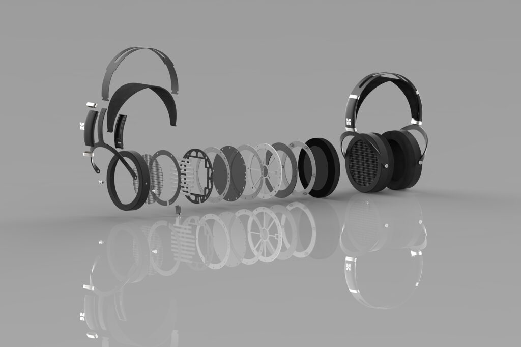 An "exploded" version (that's really what they call this) of the HIFIMAN Sundara Open Back headphones