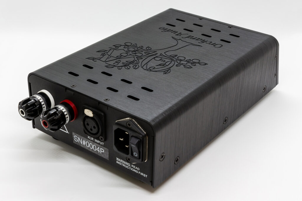 A look at the rear of the Orchard Audio Starkrimson 25 Premium Mono Amps.