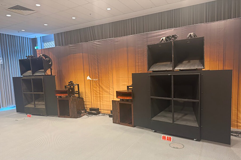 Silbatone was showing the most outrageous, historical horn speaker system from a 1930s American movie theater. Talk about proving a point!