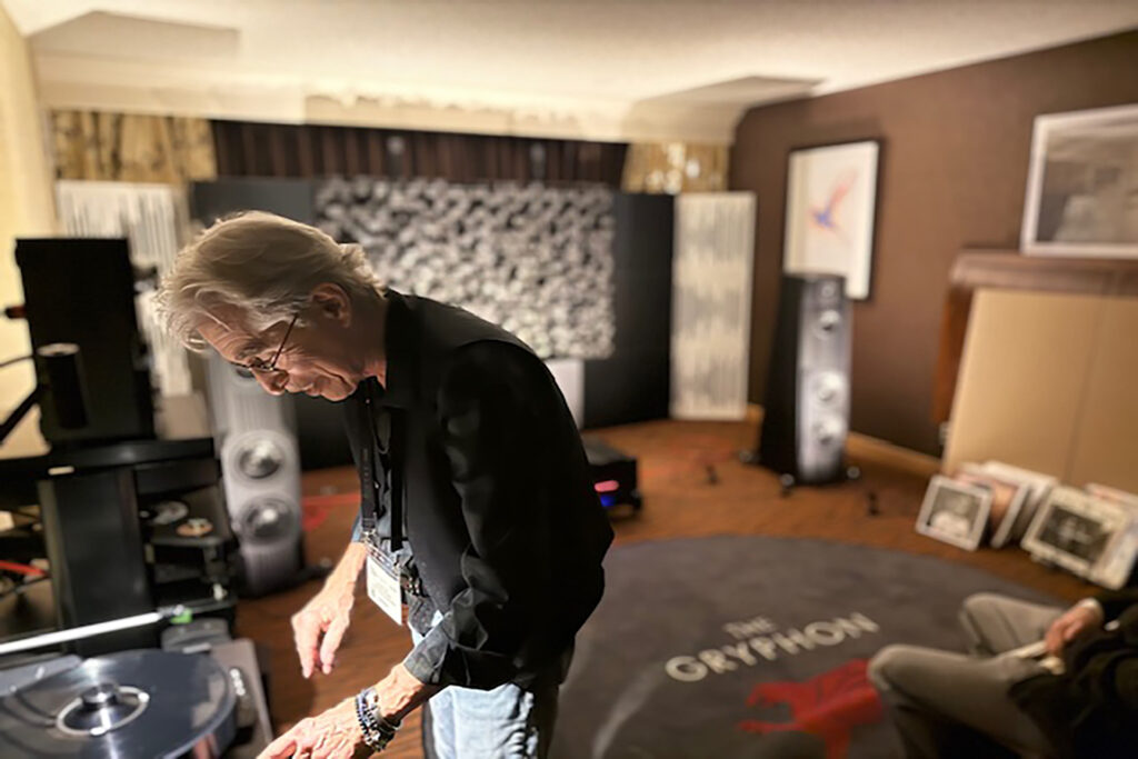 Joe Cali, the former boss at the legendary Cello Music and Film showroom, curing up some vinyl at the Gryphon Showroom in West Hollywood.