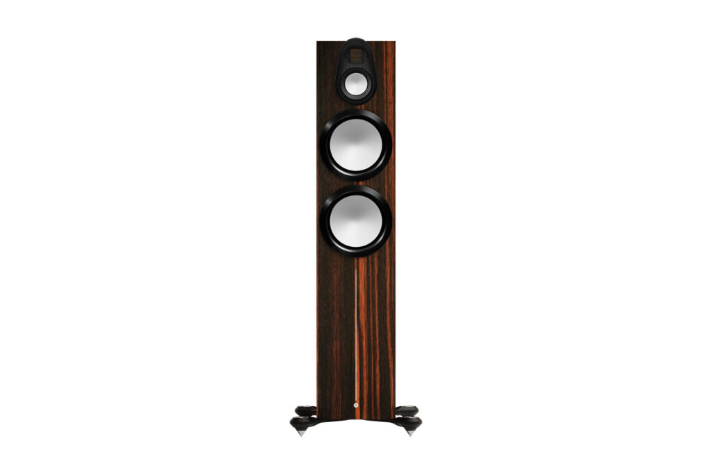 A Monitor Audio Gold 500 6G speaker in walnut without its grill.