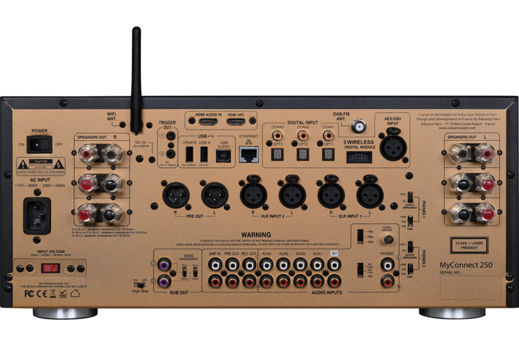A look at the many input and output options on the back of a A look under the hood at the Advance Paris MyConnect 250
