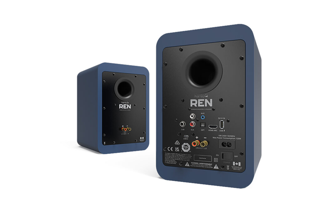 The Kanto REN speakers in a blue finish.
