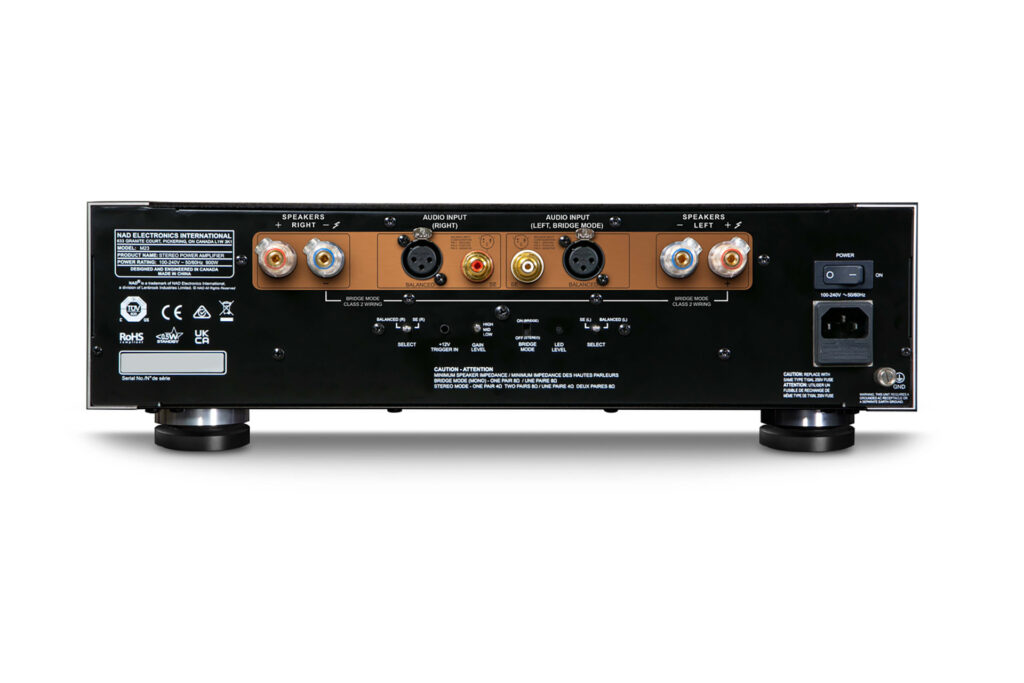 A look at the rear of the NAD M23 class D audiophile power amp.