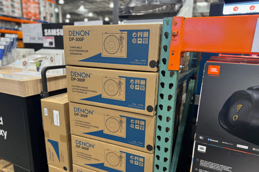 A stack of Denon Turntables at Costco