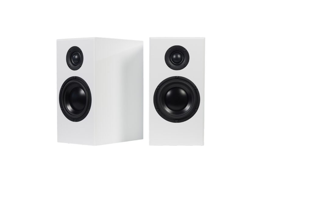 A pair of Totem Bison speakers in white.